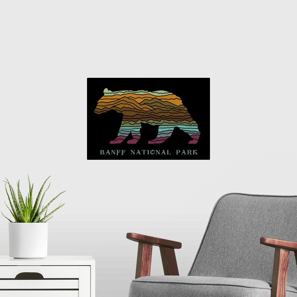 A modern room featuring Banff National Park, Bear Stripes: Graphic Travel Poster