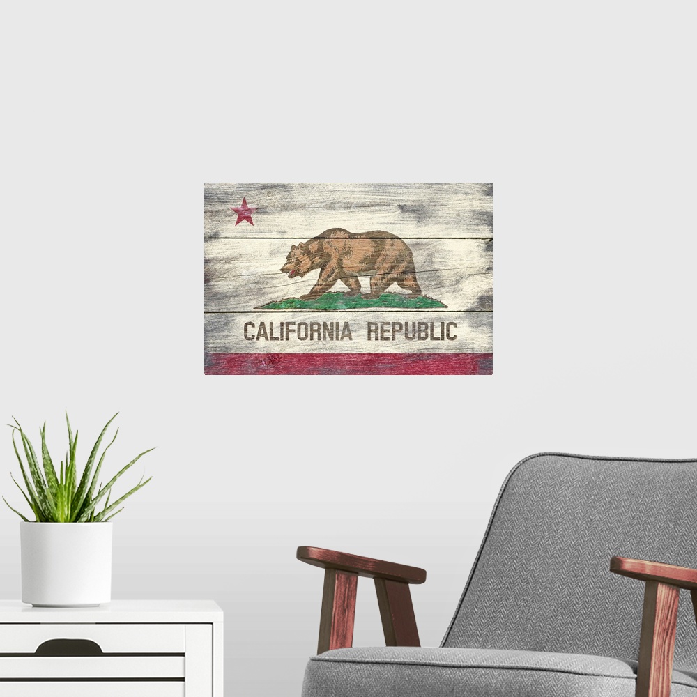 A modern room featuring California State Flag, Barnwood Painting