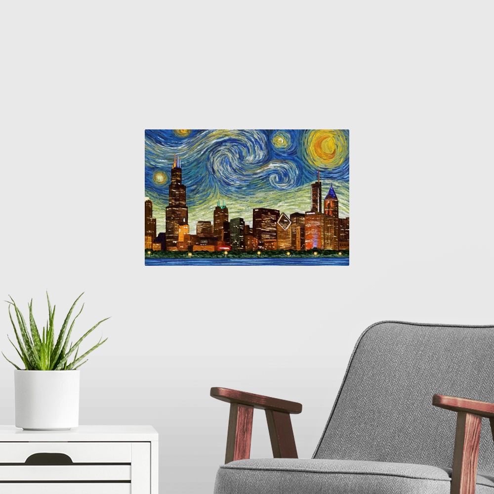 A modern room featuring Chicago, Illinois - Starry Night City Series