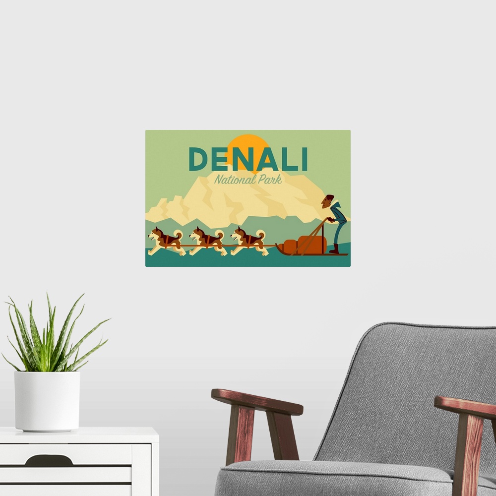 A modern room featuring Denali National Park and Preserve, Dog Sledding: Graphic Travel Poster