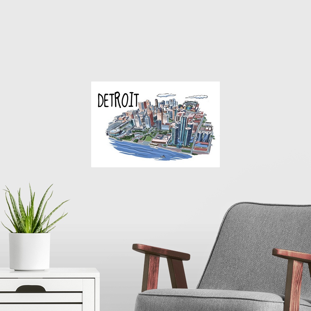 A modern room featuring Detroit, Michigan - Line Drawing