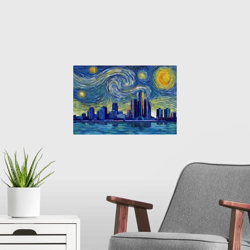 A modern room featuring Detroit, Michigan - Starry Night City Series