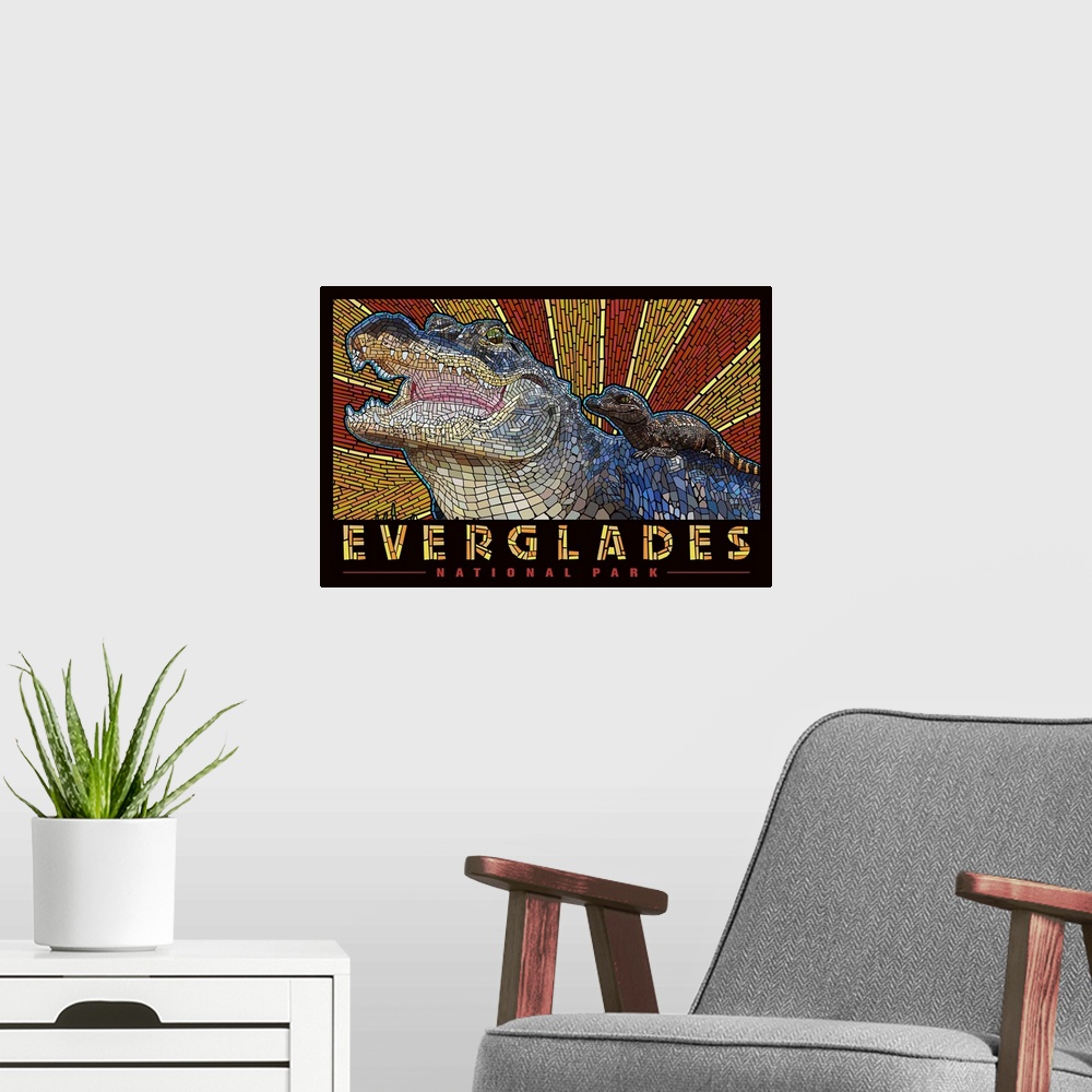 A modern room featuring Everglades National Park, Crocodile Mosaic: Graphic Travel Poster
