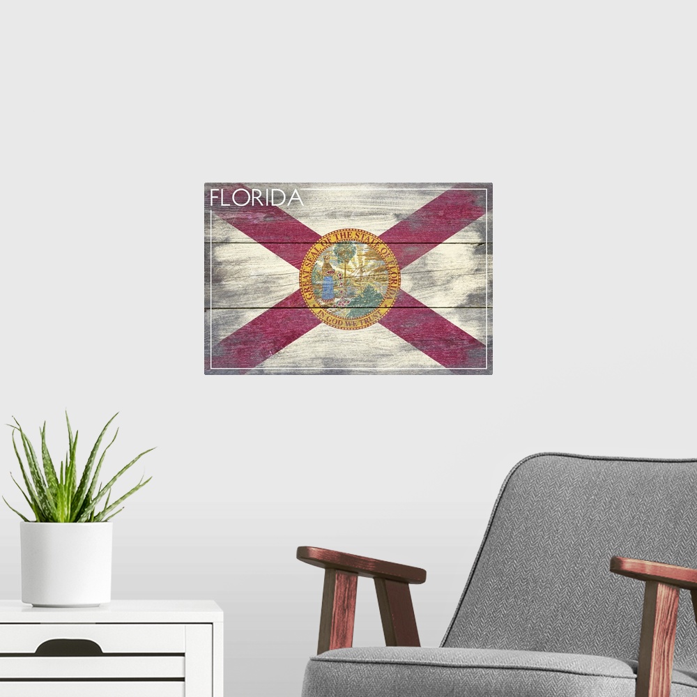 A modern room featuring The flag of Florida with a weathered wooden board effect.