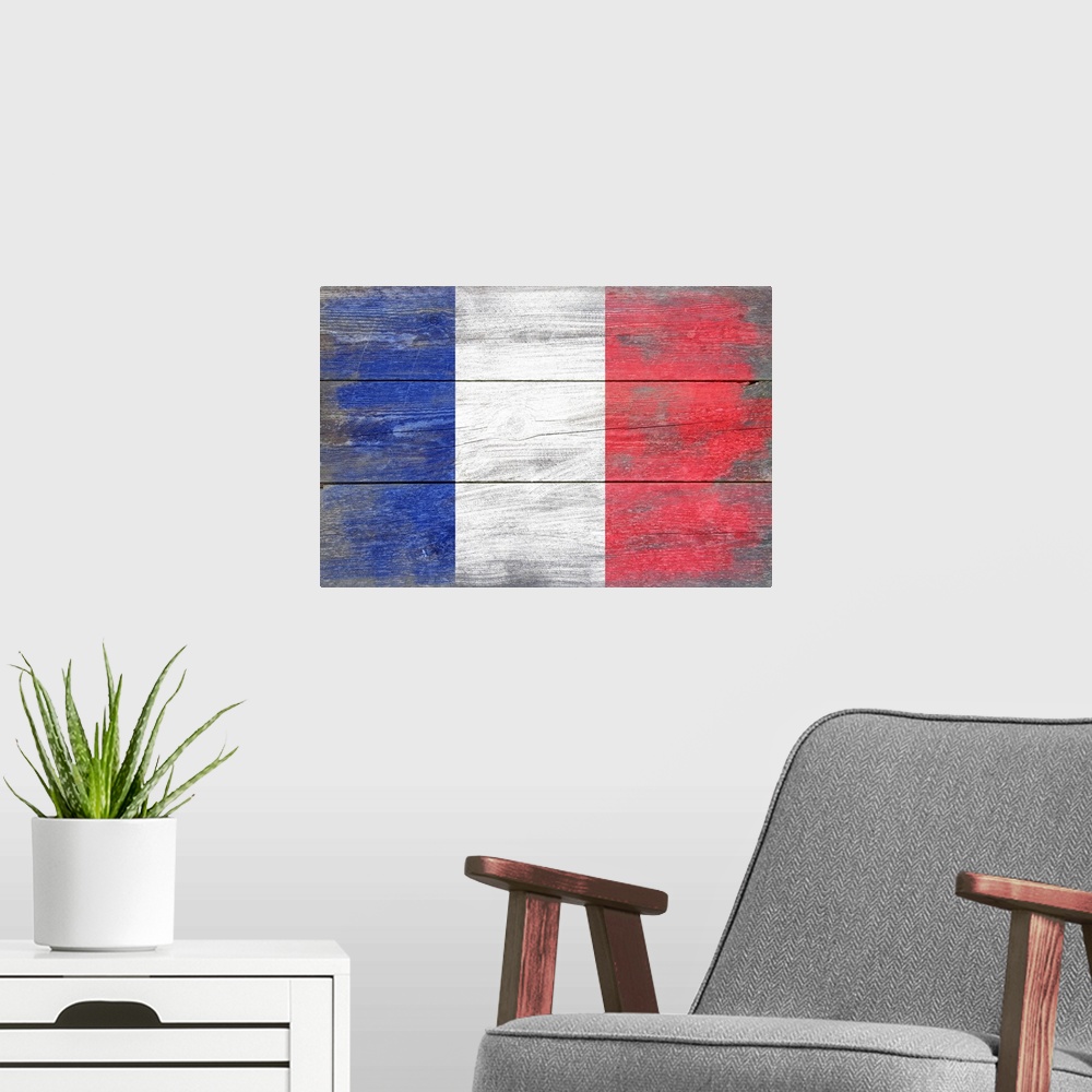 A modern room featuring The flag of France with a weathered wooden board effect.