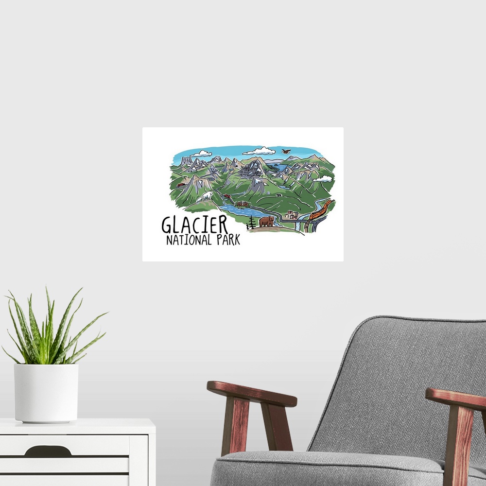 A modern room featuring Glacier National Park, Montana - Line Drawing