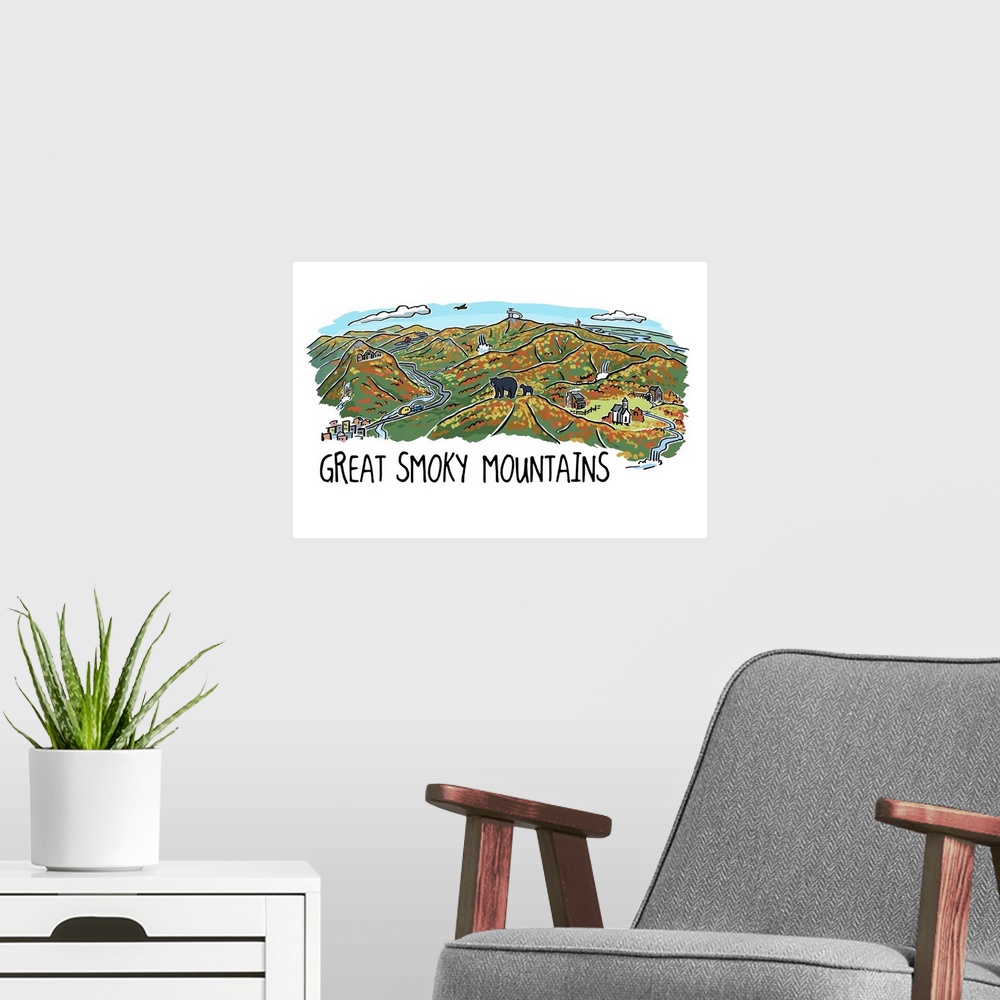 A modern room featuring Great Smoky Mountains, Tennessee - Line Drawing - Fall