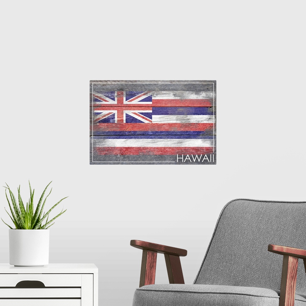 A modern room featuring The flag of Hawaii with a weathered wooden board effect.