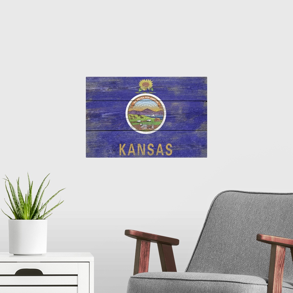 A modern room featuring The flag of Kansas with a weathered wooden board effect.