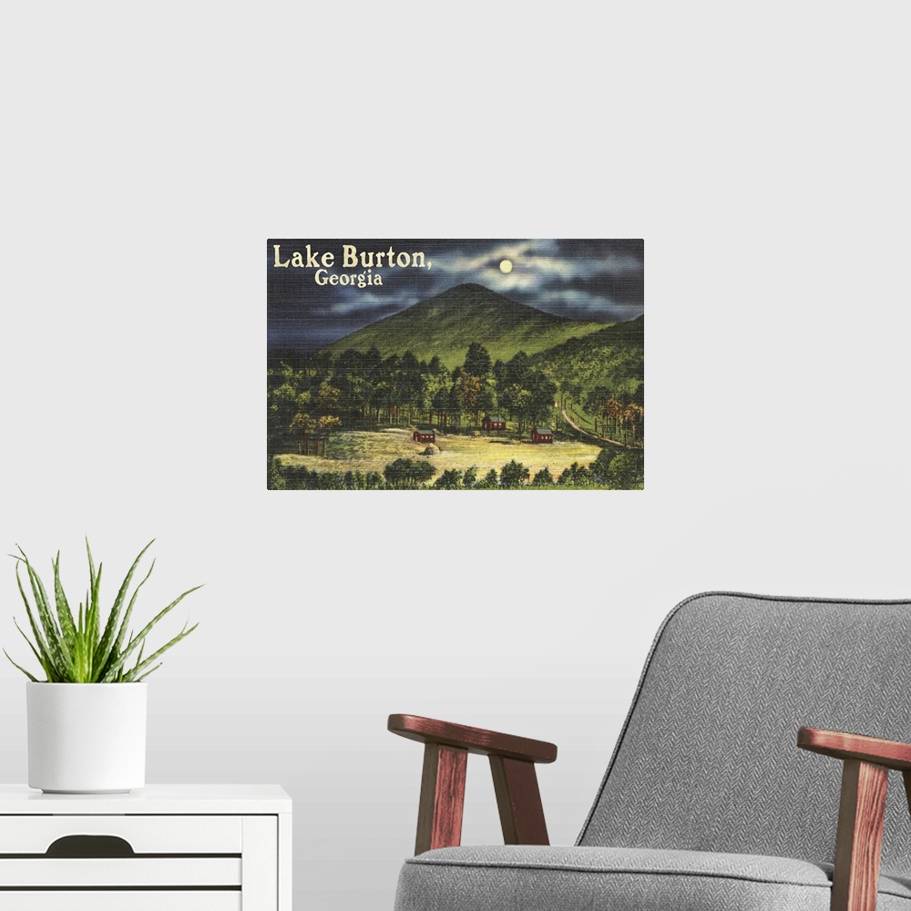A modern room featuring Retro stylized art poster of a valley at night moon lightly shrouded by a cloudy sky.
