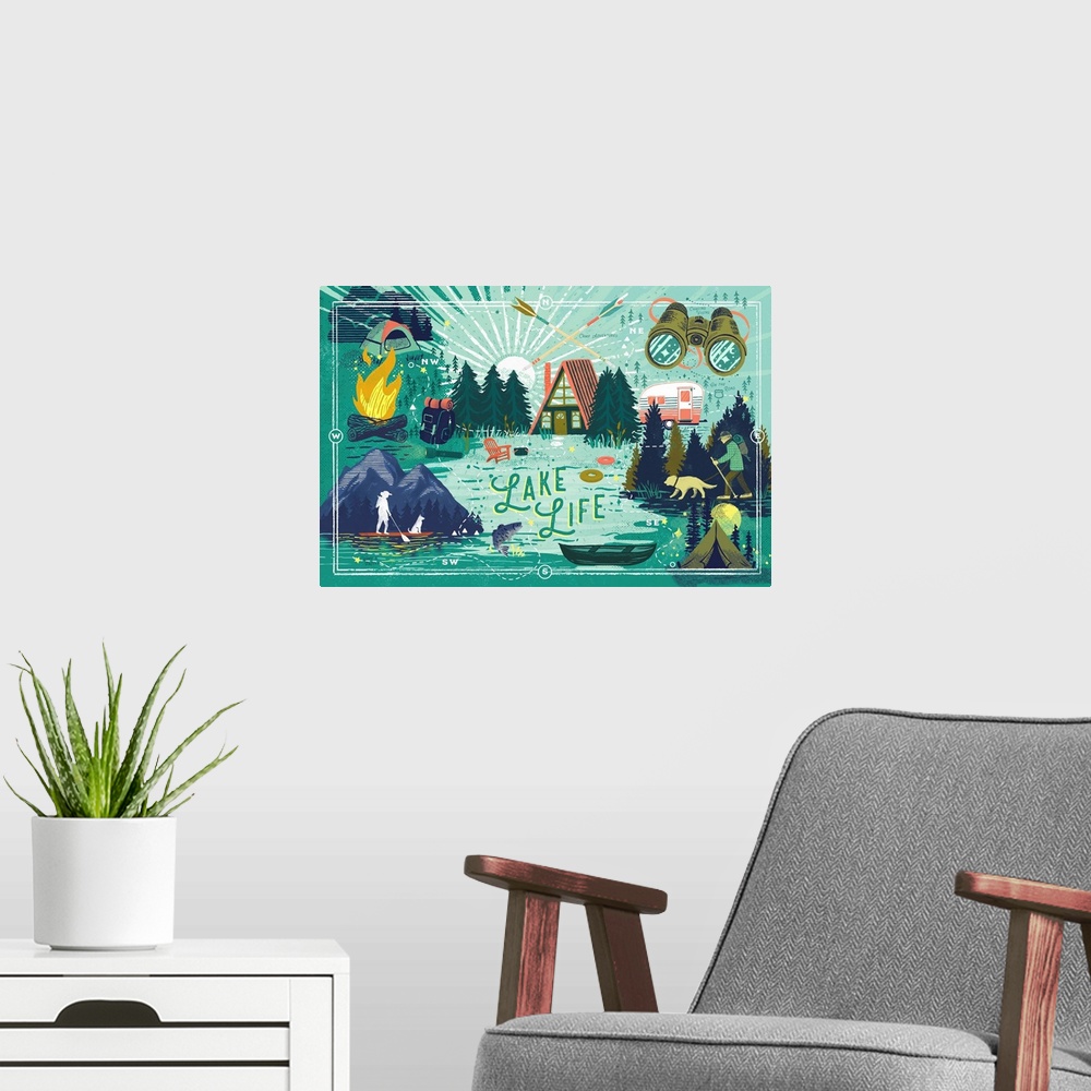 A modern room featuring Lake Life Series - Collage - Landscape With Mountain
