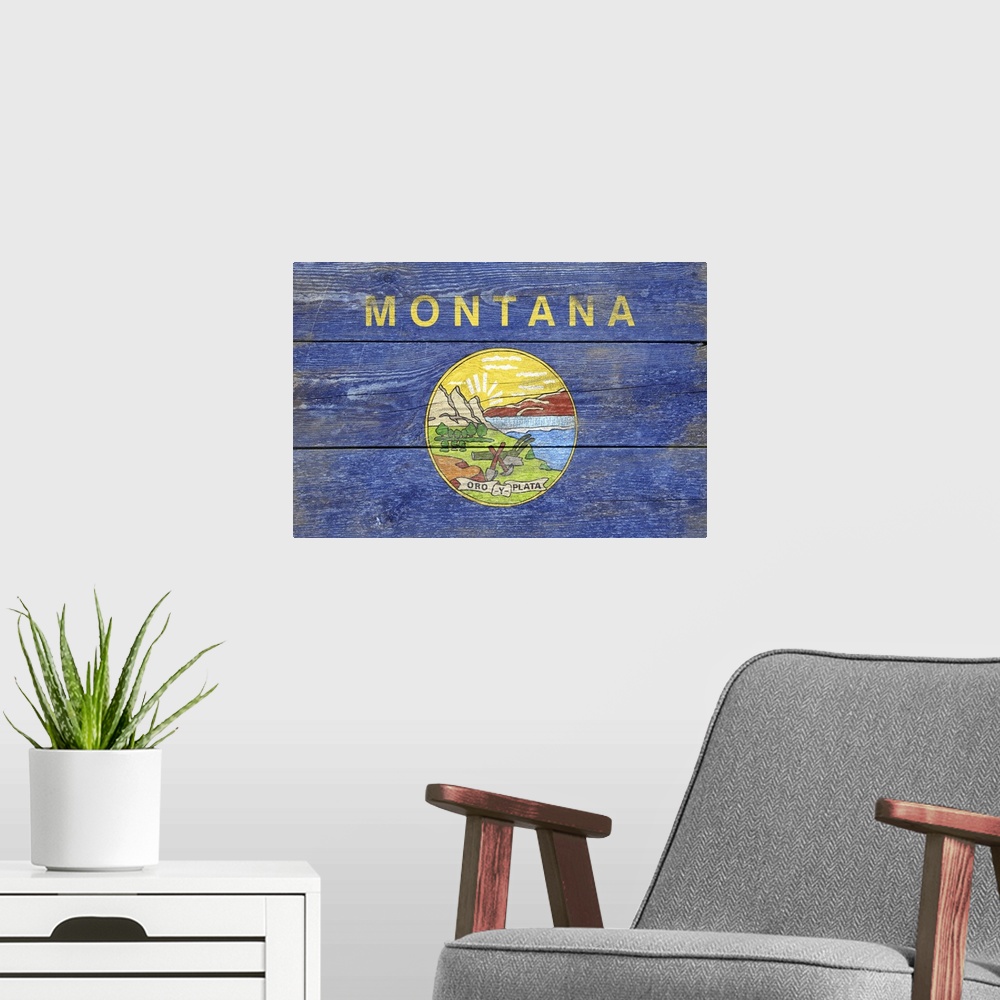 A modern room featuring The flag of Montana with a weathered wooden board effect.