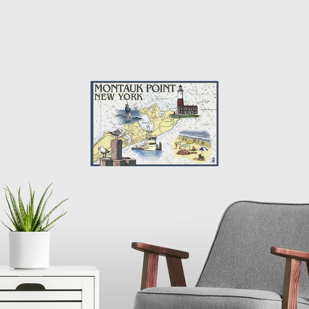 A modern room featuring Montauk Point, New York - Nautical Chart: Retro Travel Poster