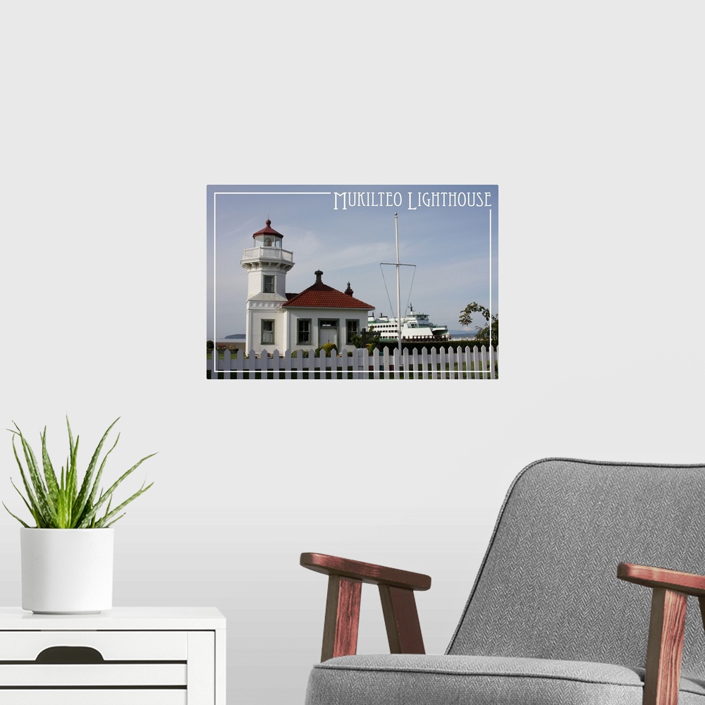 A modern room featuring Mukilteo Lighthouse - Mt. Baker and Ferry - Mukilteo, WA: Retro Travel Poster