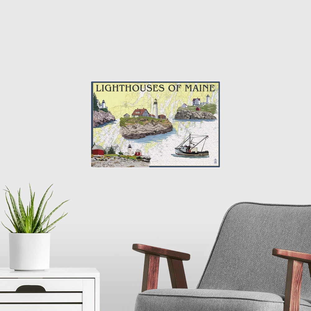 A modern room featuring Nautical Chart, Lighthouses of Maine