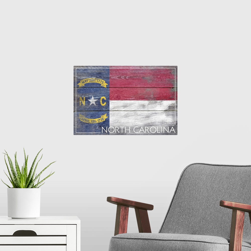 A modern room featuring The flag of North Carolina with a weathered wooden board effect.