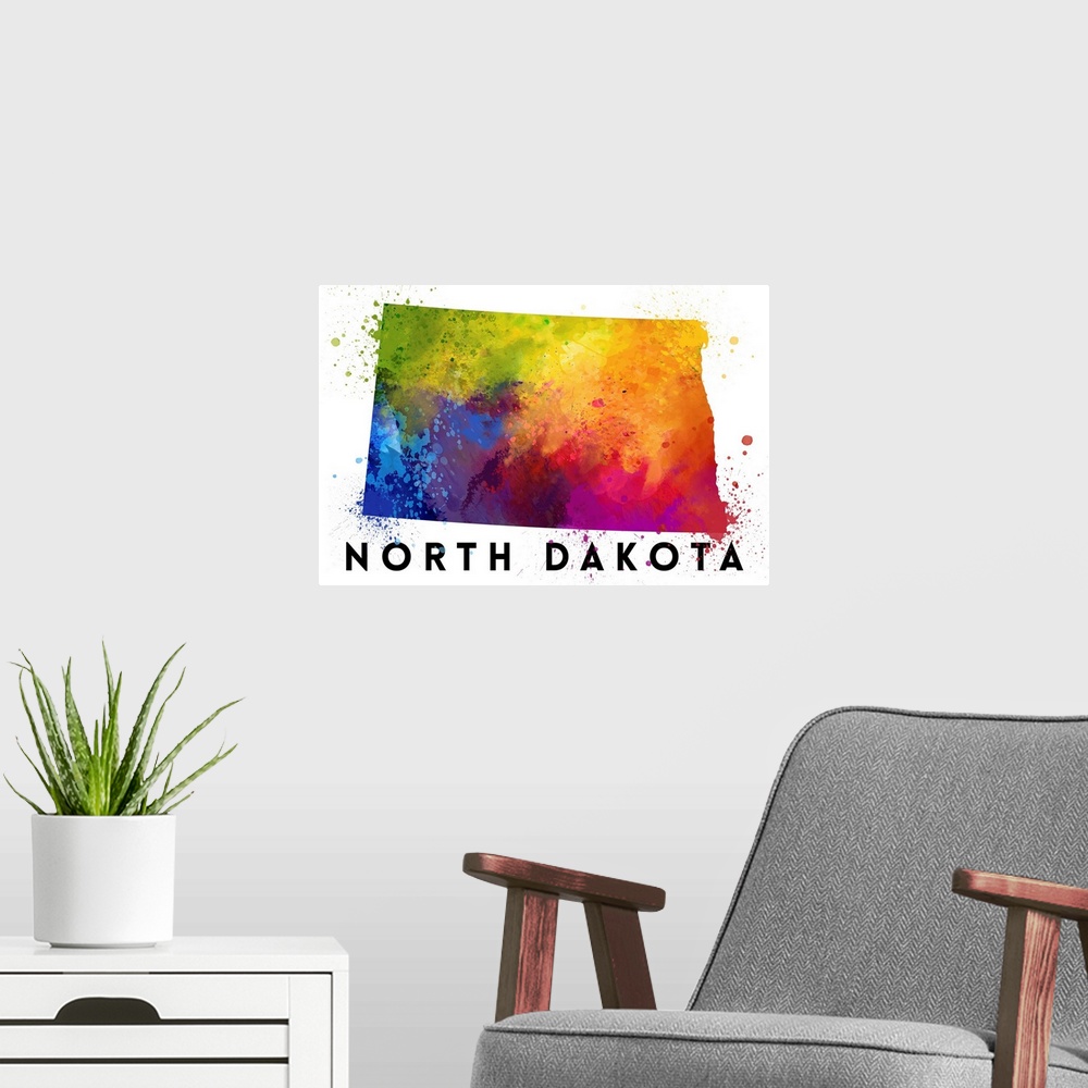 A modern room featuring North Dakota - State Abstract Watercolor