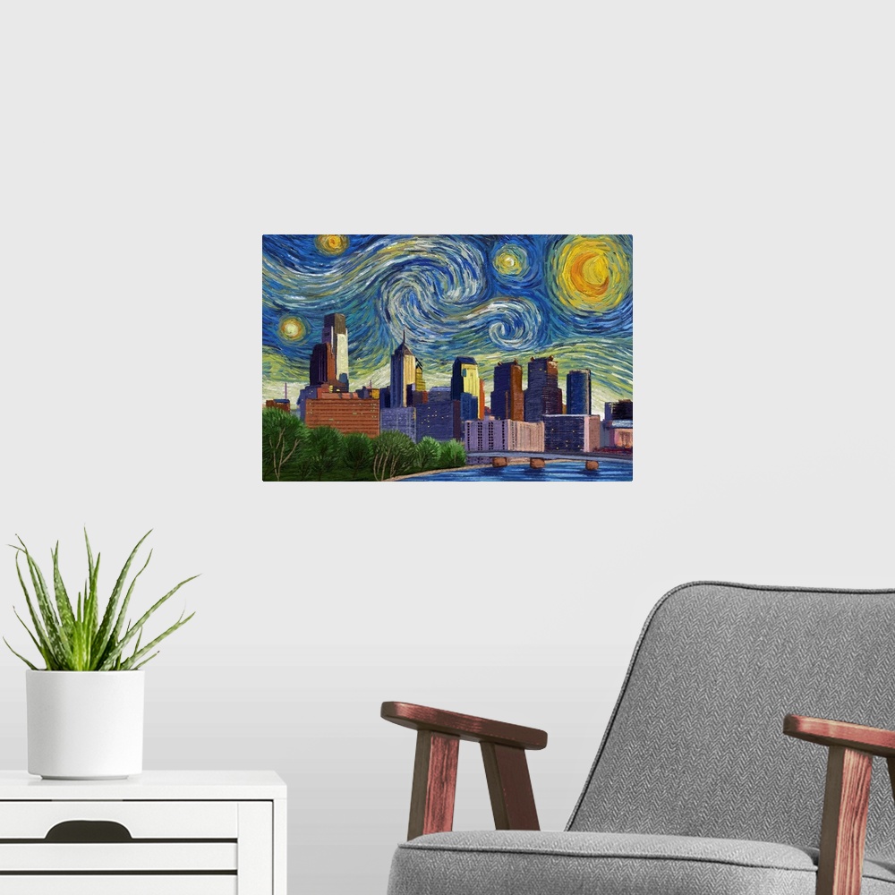 A modern room featuring Philadelphia, Pennsylvania - Starry Night City Series