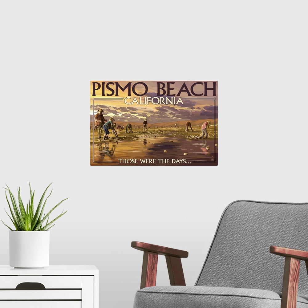 A modern room featuring Retro stylized art poster of a coastal scene, with people digging for clams.