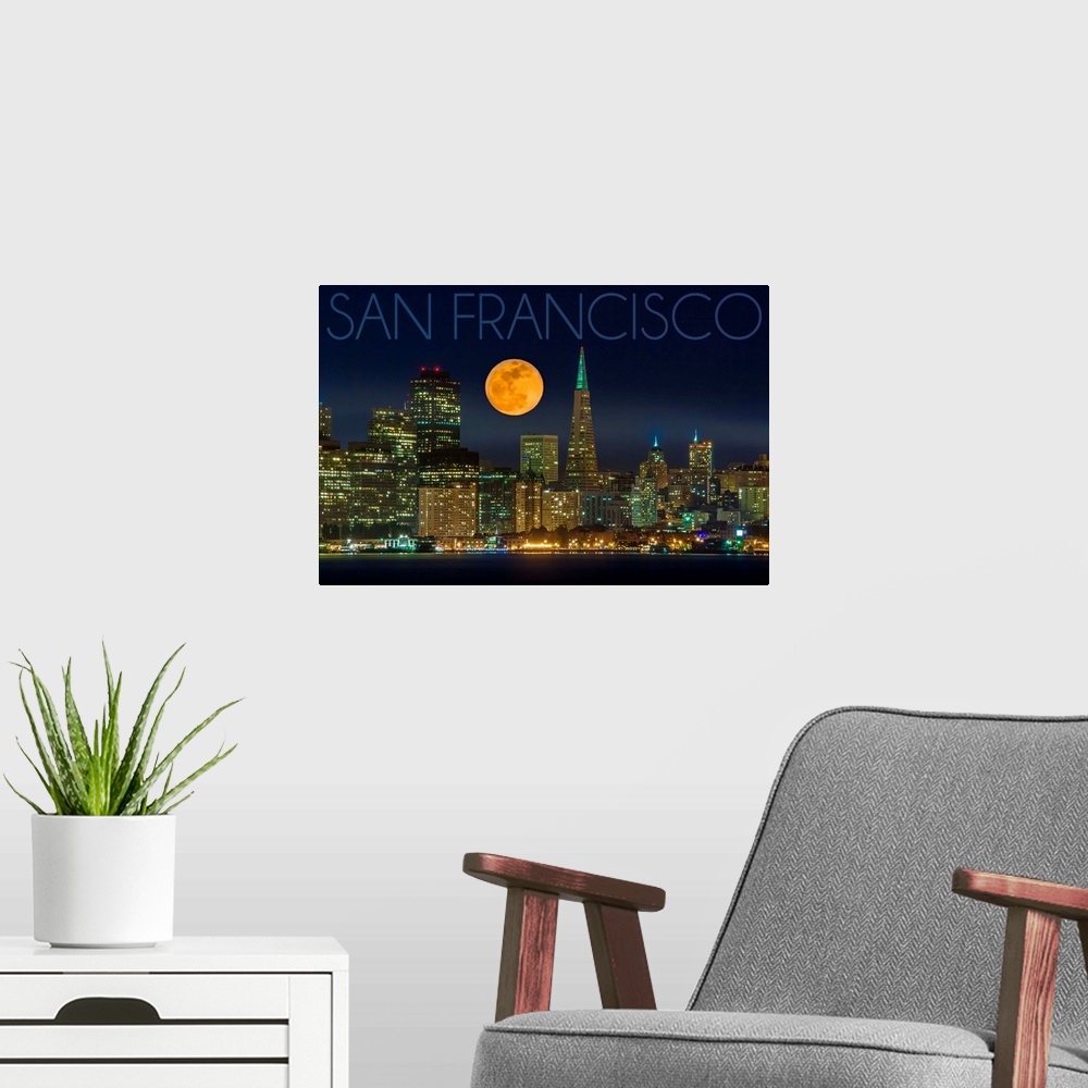 A modern room featuring San Francisco, California, Skyline and Full Moon