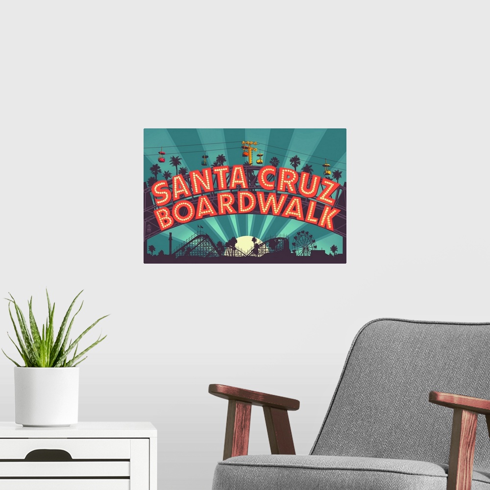 A modern room featuring Santa Cruz, California - Beach Boardwalk Sign at Night: Retro Travel Poster