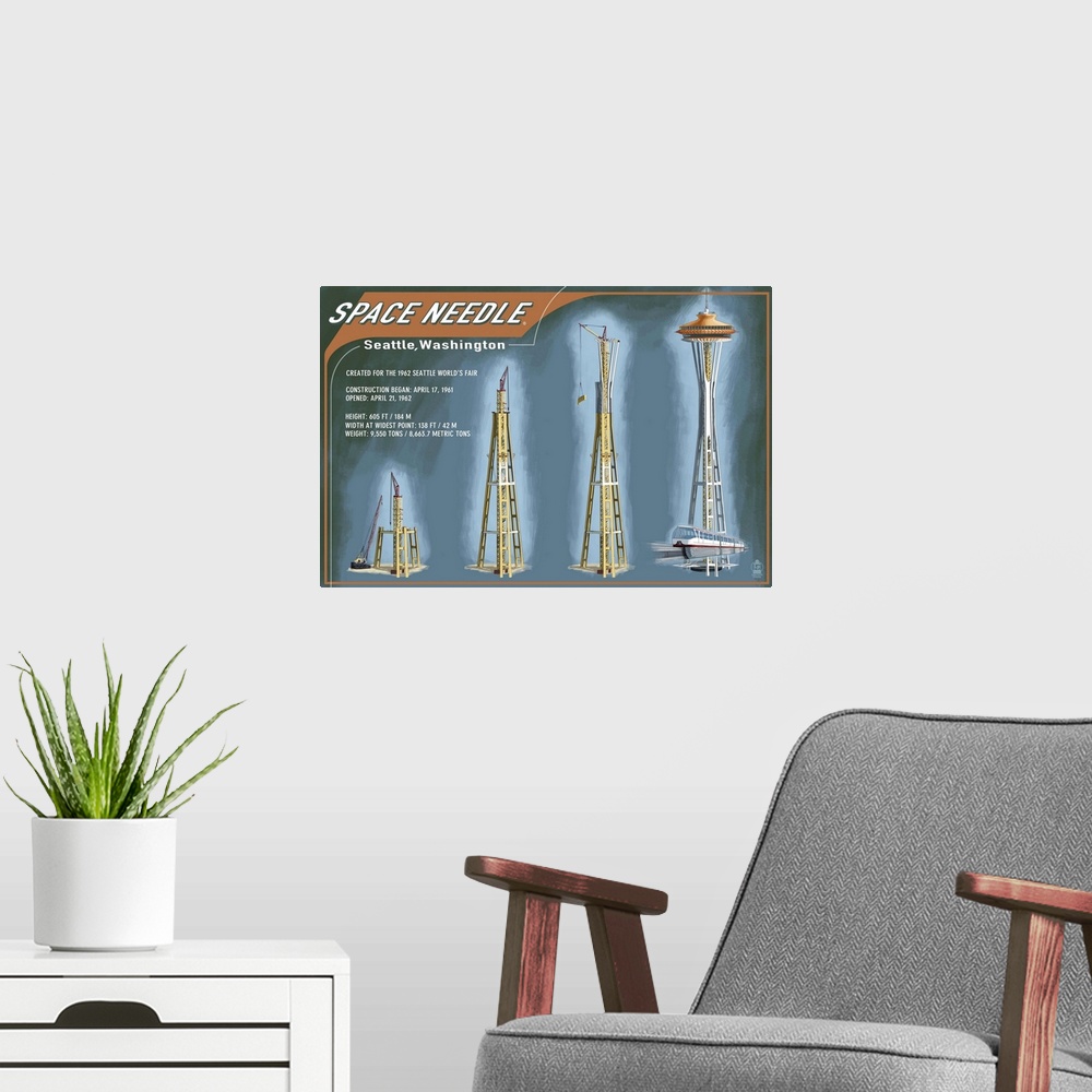 A modern room featuring Seattle, Washington - Space Needle Construction Timeline: Retro Travel Poster