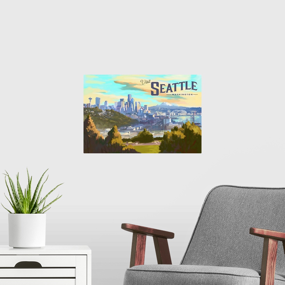 A modern room featuring Seattle, Washington - Visit Seattle -  Skyline - Oil Painting
