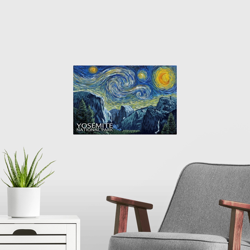 A modern room featuring Starry Night Over Yosemite National Park: Retro Travel Poster