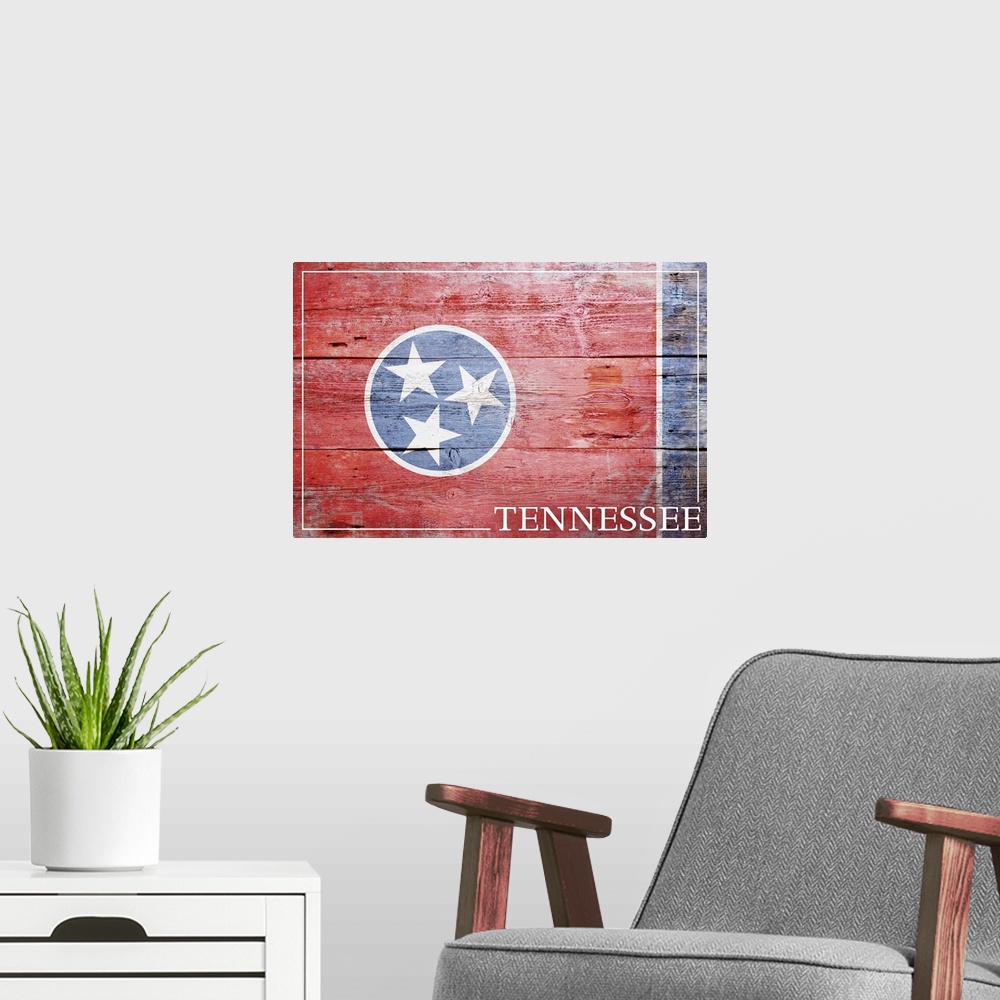 A modern room featuring The flag of Tennessee with a weathered wooden board effect.