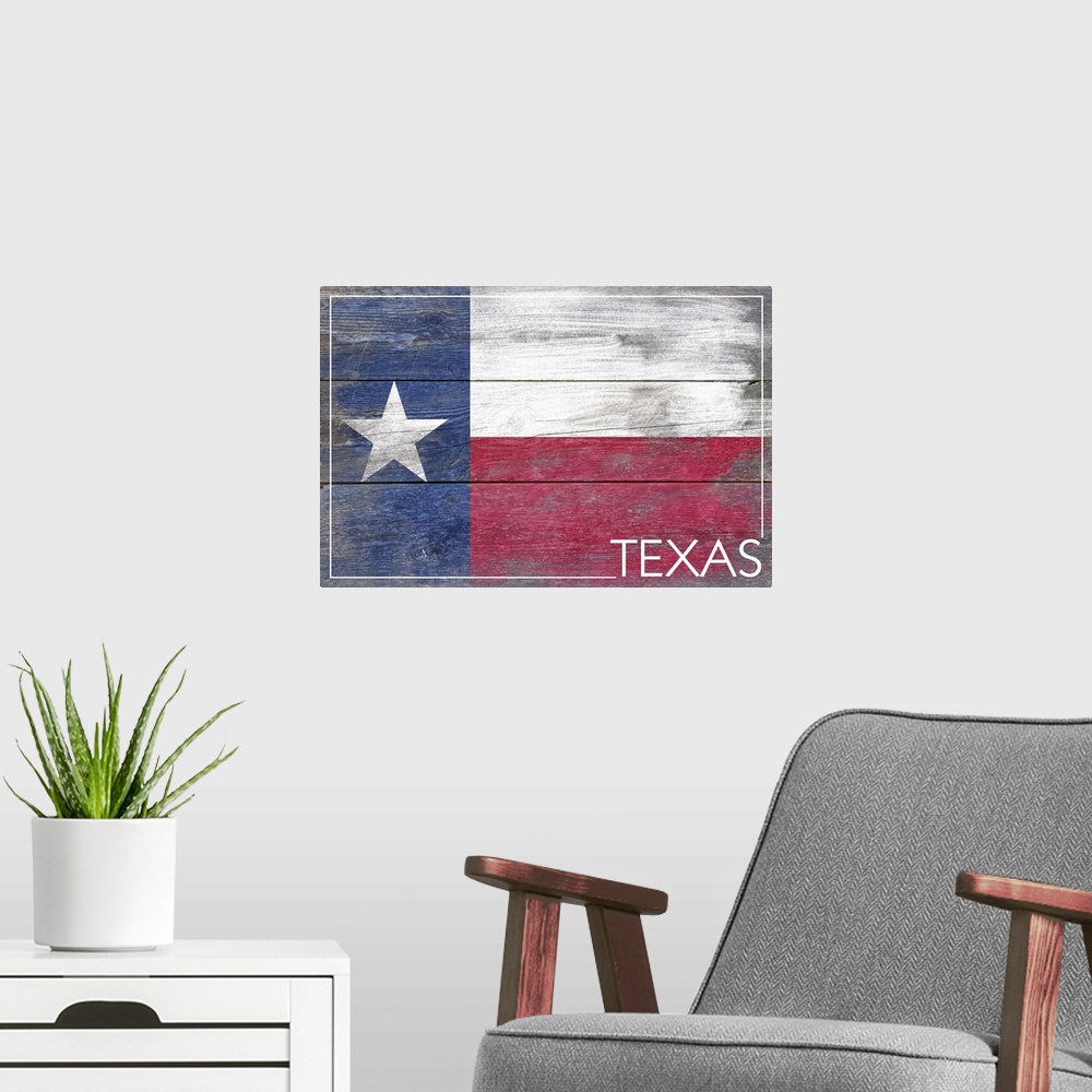 A modern room featuring The flag of Texas with a weathered wooden board effect.