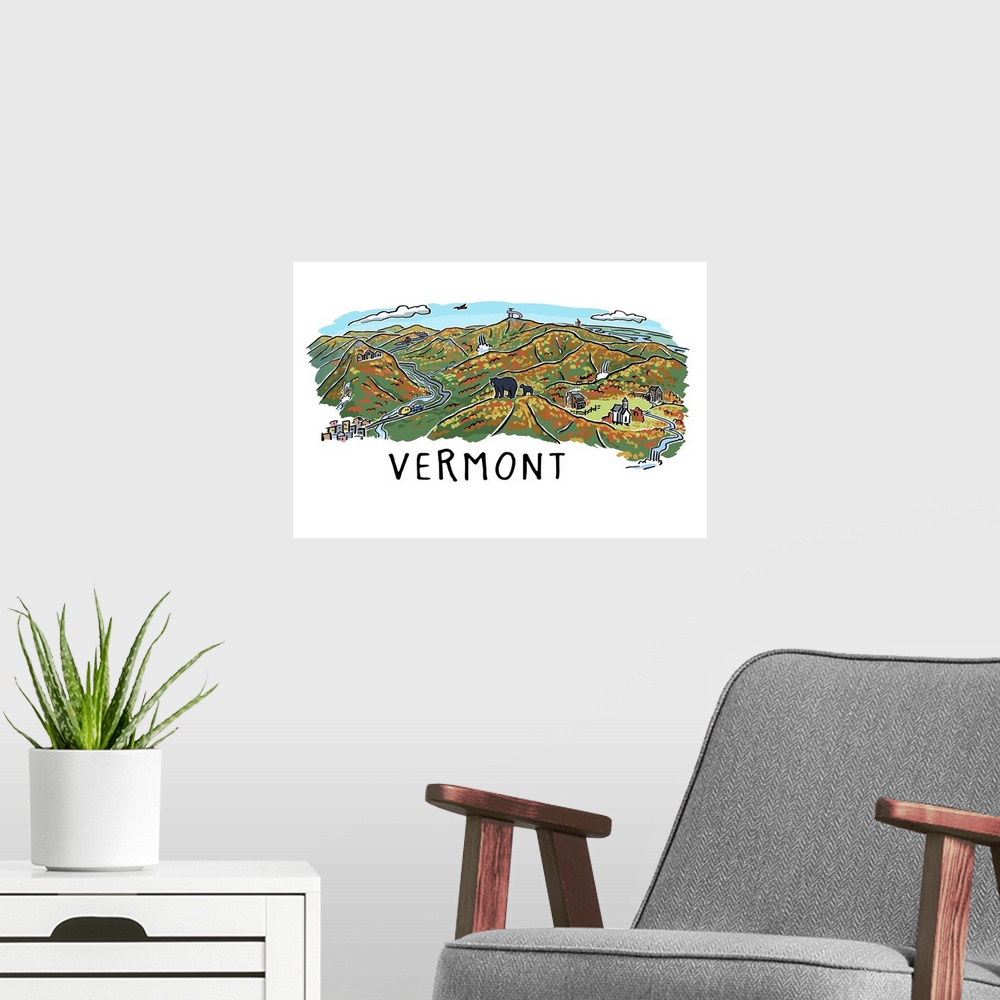 A modern room featuring Vermont - Line Drawing - Fall