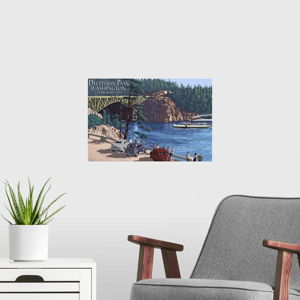 A modern room featuring Whidbey Island, Washington - Deception Pass Bridge: Retro Travel Poster