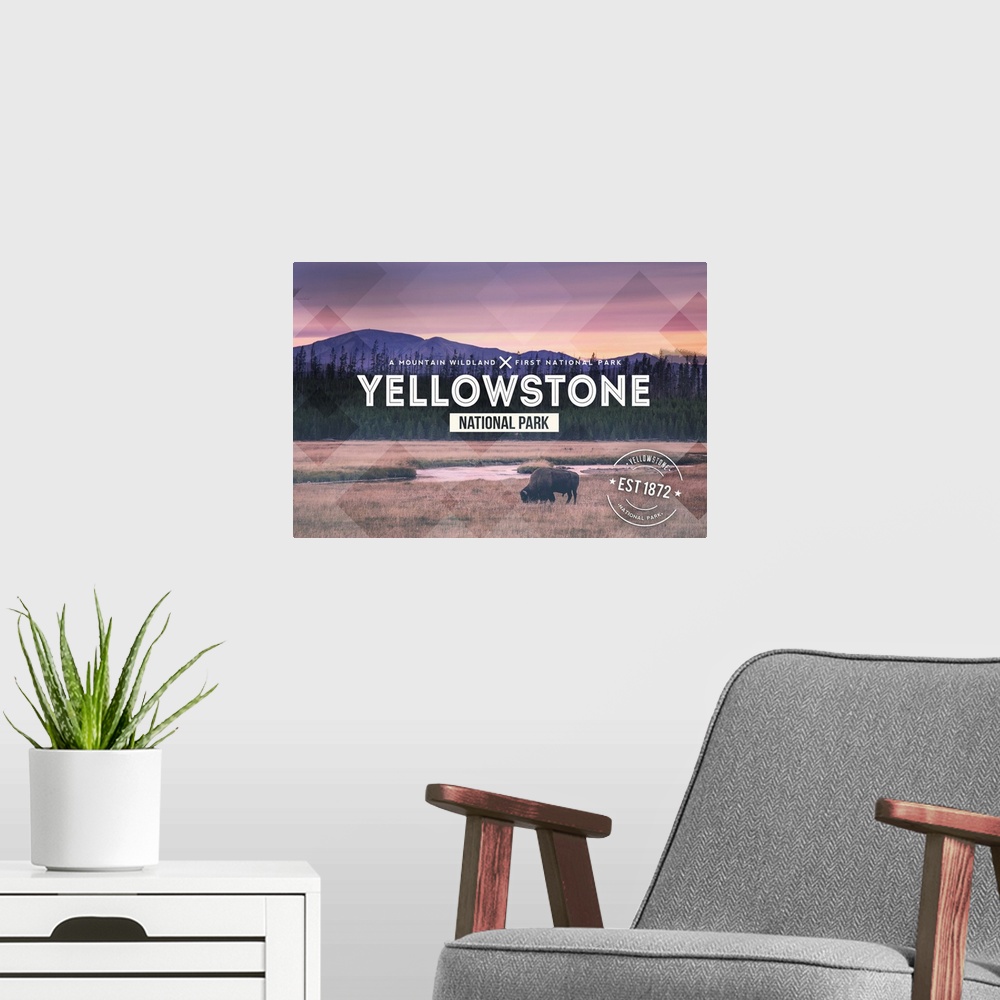 A modern room featuring Yellowstone National Park, Est 1872: Travel Poster