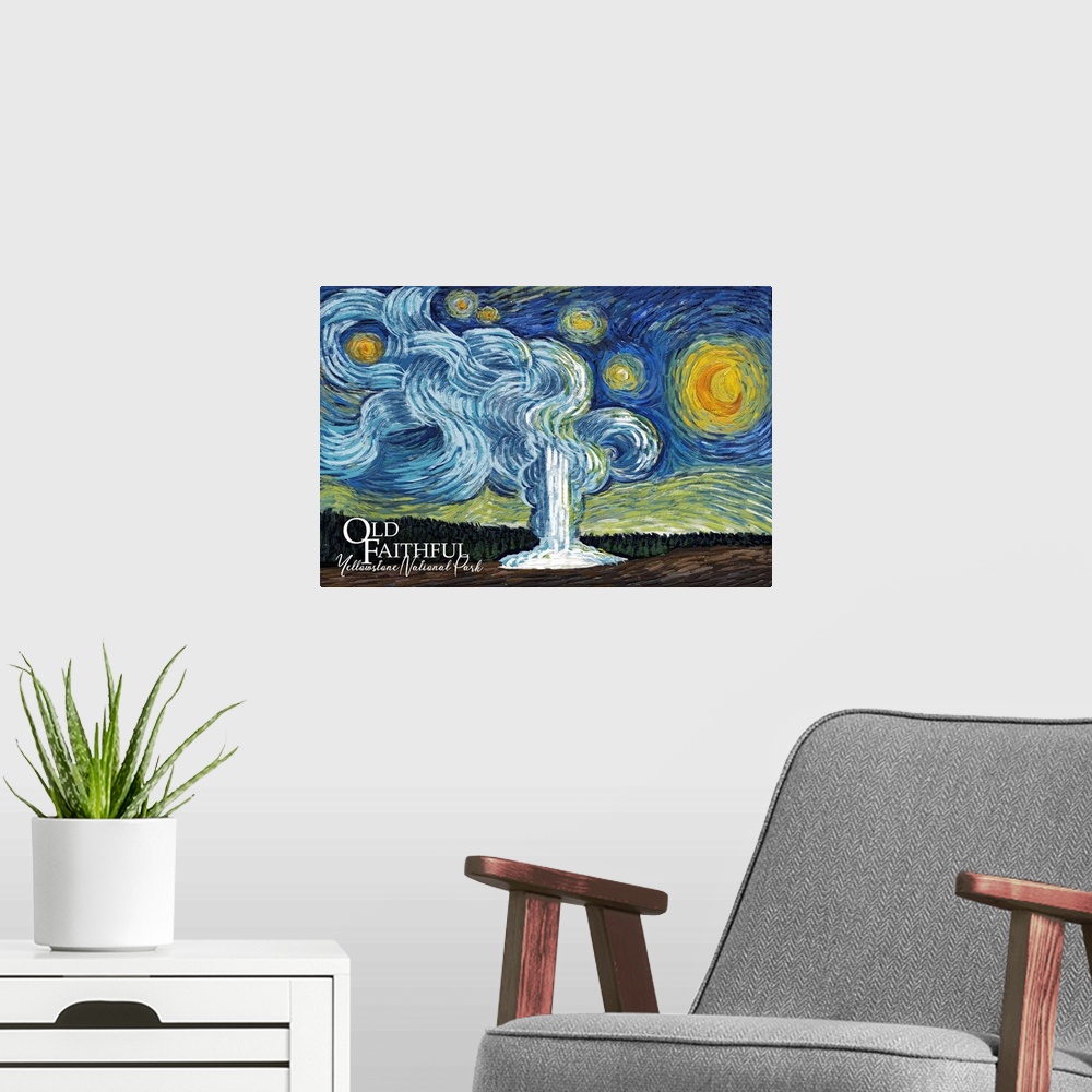 A modern room featuring Yellowstone National Park - Old Faithful - Starry Night National Park Series