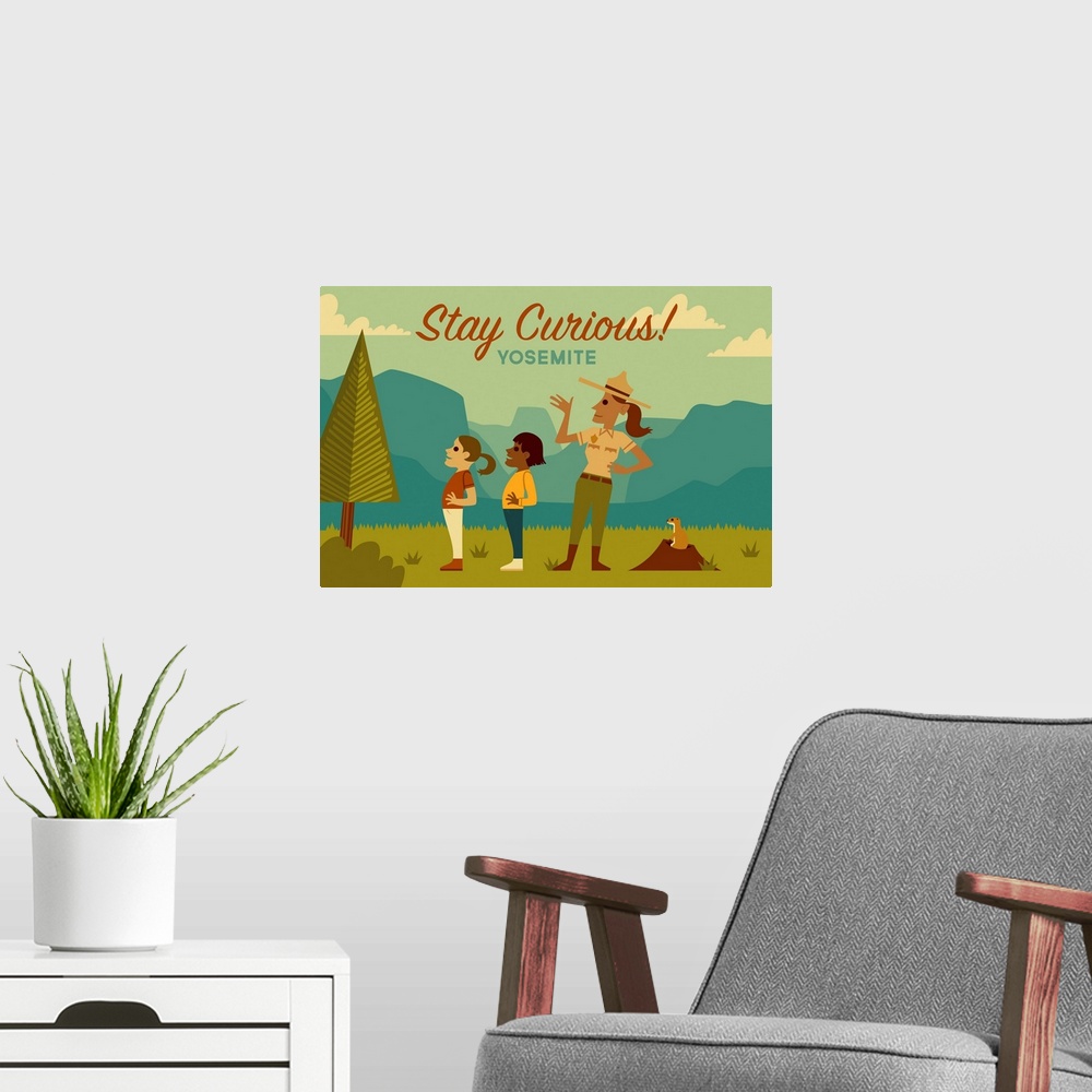 A modern room featuring Yosemite National Park, Stay Curious!: Graphic Travel Poster