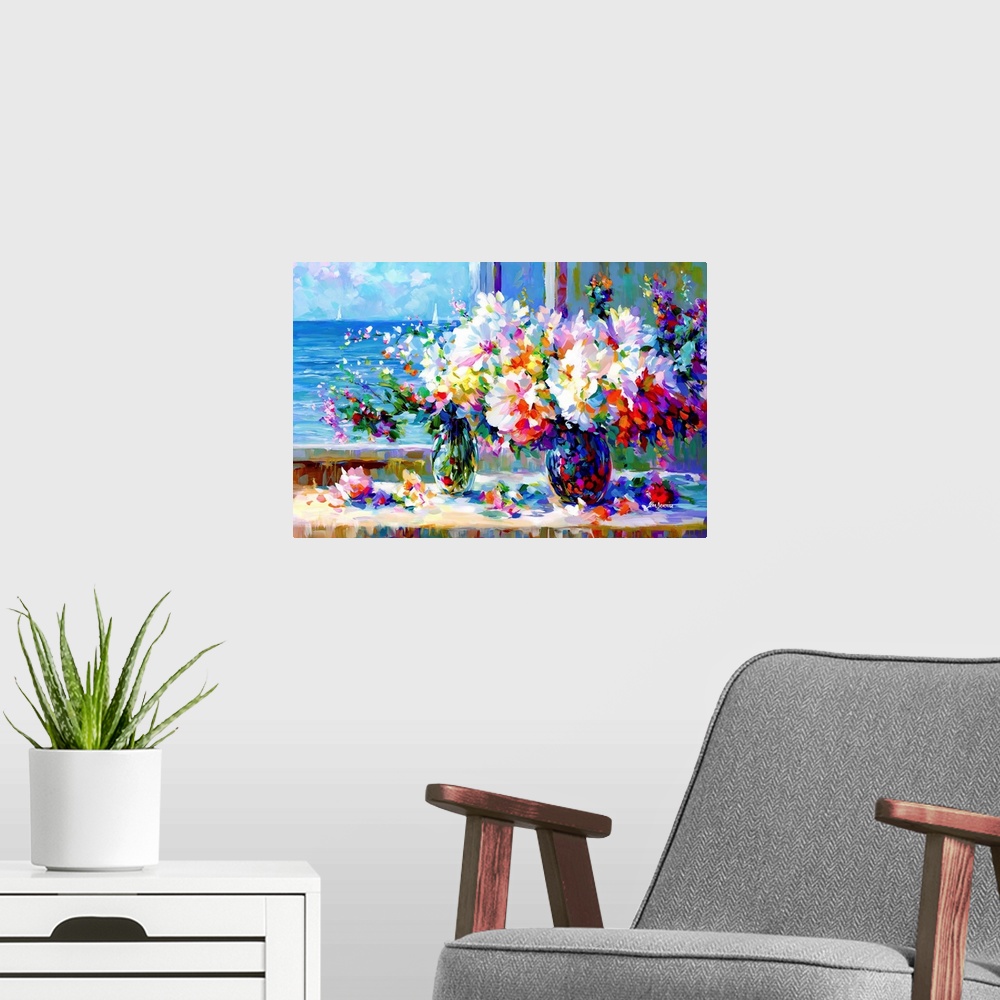 A modern room featuring In this impressionistic piece vibrant bouquets in vases radiate with a spectrum of colors against...