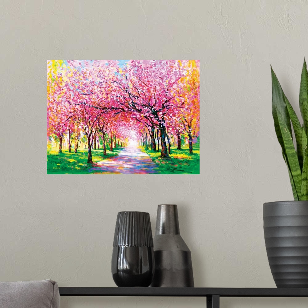 A modern room featuring Contemporary painting of an illuminated park path lined with vibrant pink cherry blossom trees. T...