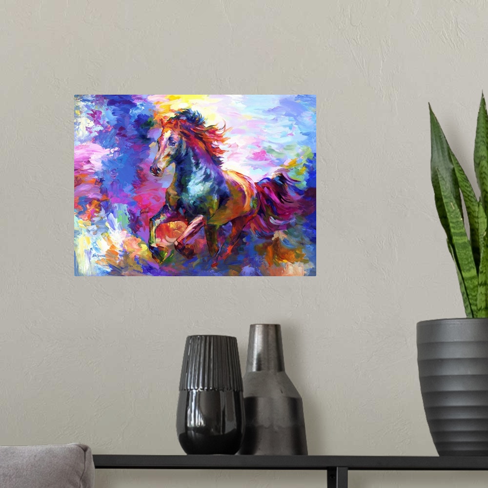 A modern room featuring Contemporary painting of a vibrant and colorful horse.