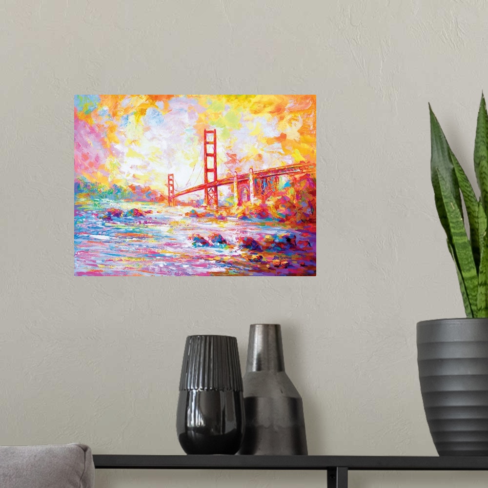 A modern room featuring Vibrant and colorful contemporary painting of the Golden Gate Bridge viewed from Marshall's beach...