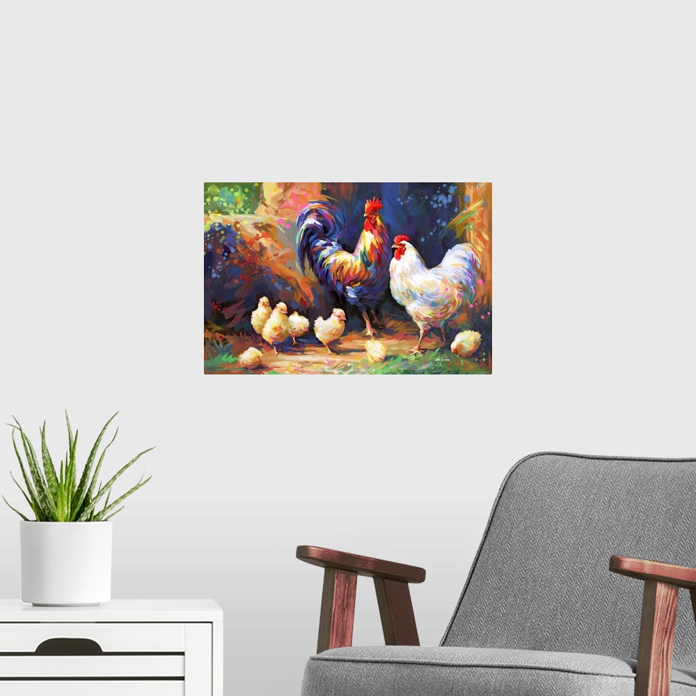 A modern room featuring This contemporary impressionistic artwork vividly portrays a farmyard scene, capturing a colorful...