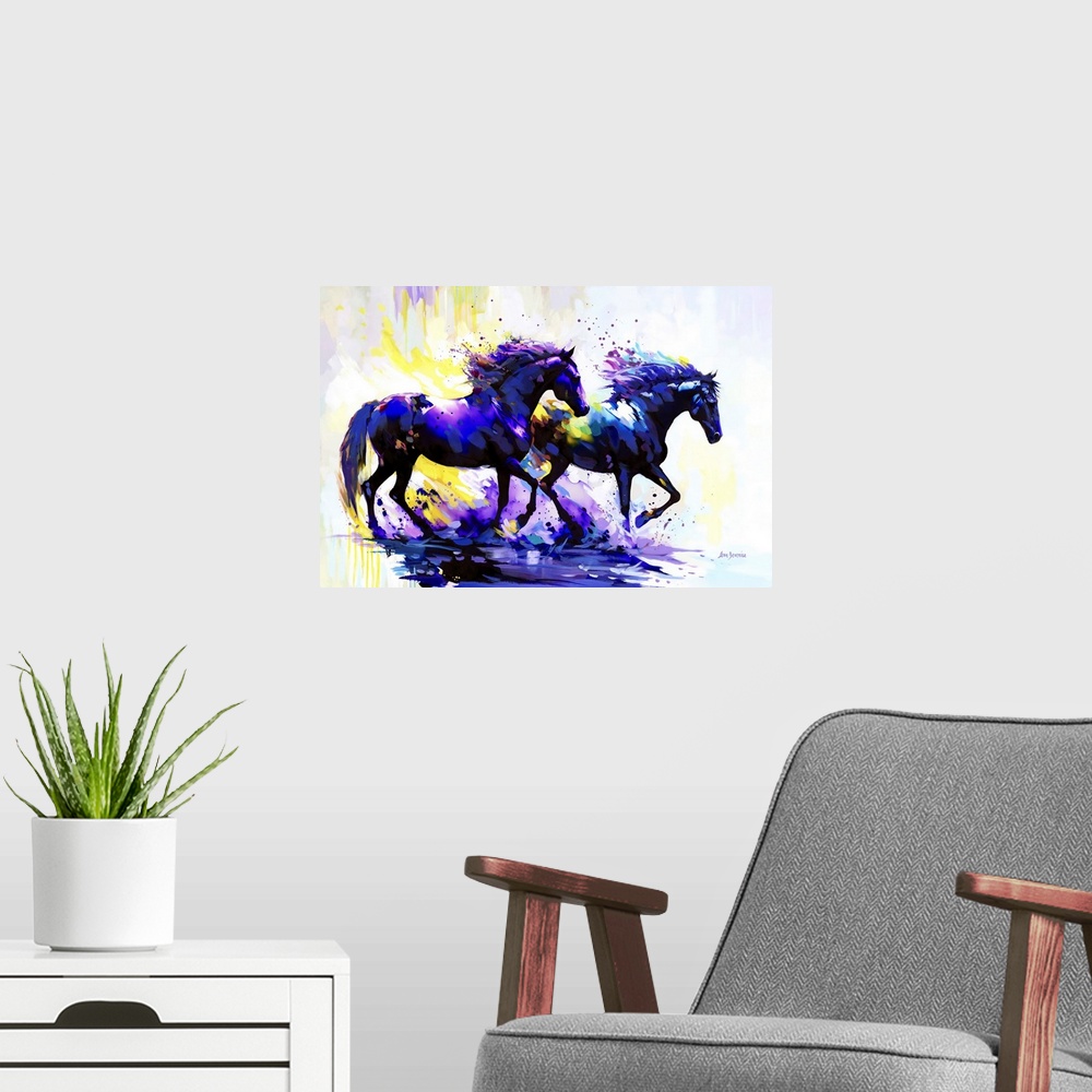 A modern room featuring Horses on the Water Trail