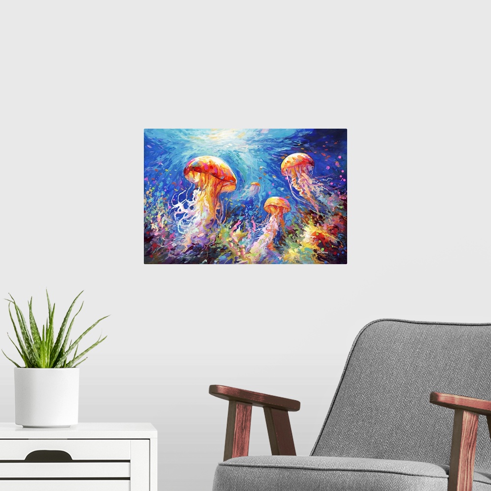 A modern room featuring This contemporary impressionistic piece captures the ethereal beauty of jellyfish gliding through...