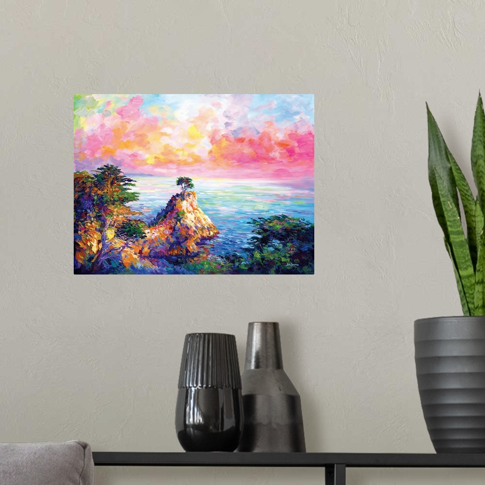 A modern room featuring Vibrant and colorful contemporary painting of the Lone Cypress in Pebble Beach, California.