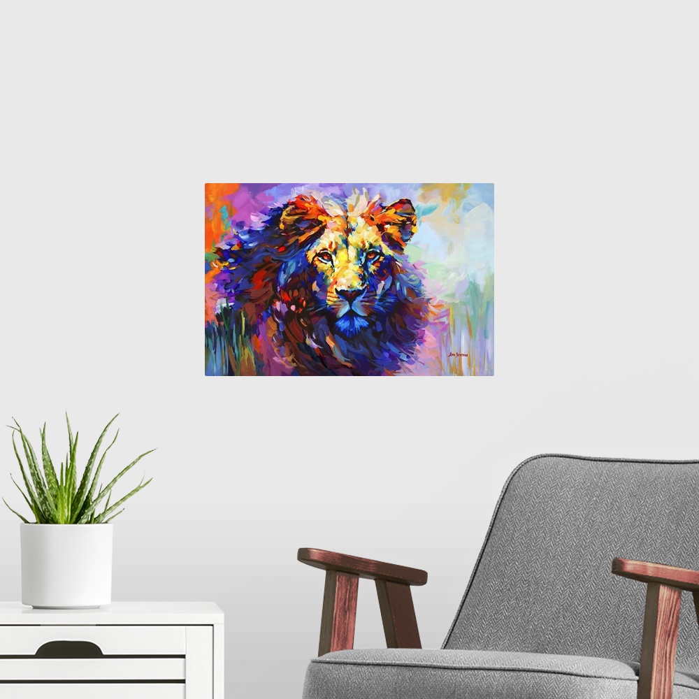 A modern room featuring This contemporary artwork offers a striking portrayal of a lion, rendered in a spectrum of vivid ...