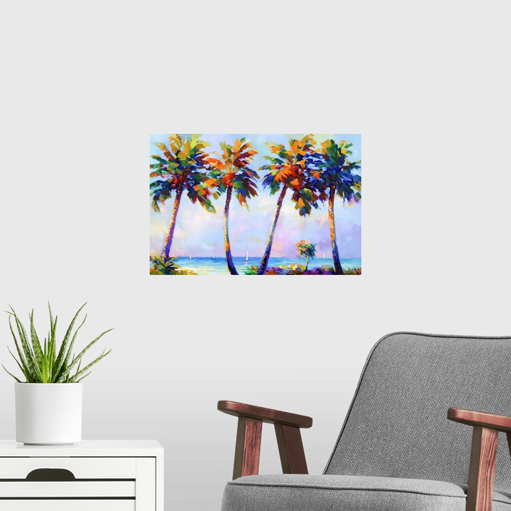 A modern room featuring This contemporary artwork vividly depicts palm trees swaying on a sun-kissed beach, their vivid c...