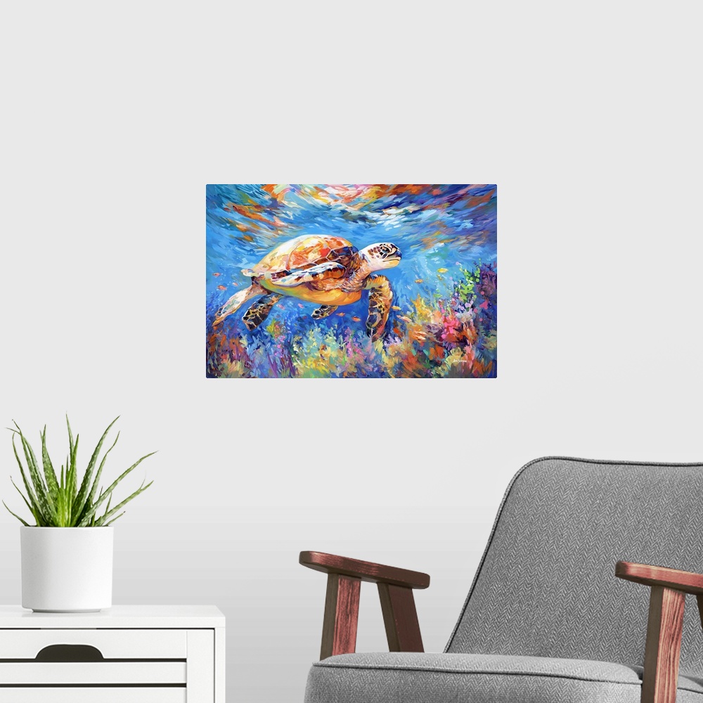 A modern room featuring This contemporary artwork captures a sea turtle gliding through the ocean's depths, its form acce...