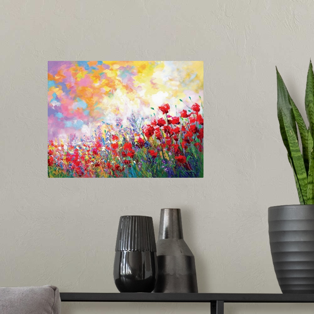 A modern room featuring Abstract impressionist painting of poppy flowers and other blooms. The wildflowers of spring are ...