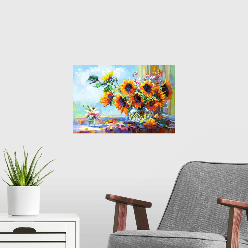 A modern room featuring This contemporary still life bursts with the energy of sunflowers in a vase, their fiery petals c...
