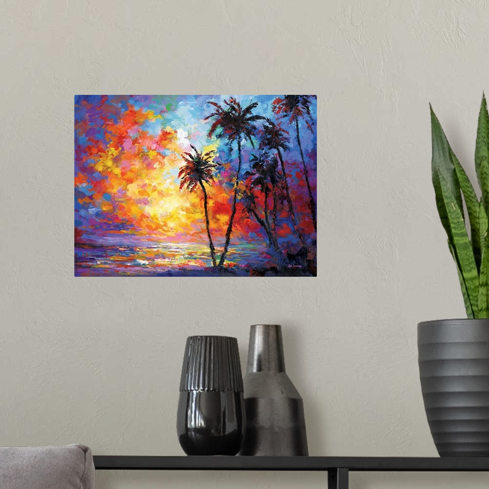 A modern room featuring Vibrant and colorful contemporary painting of a sunset beach with tropical palm trees in Waikiki,...