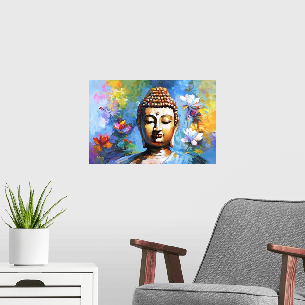A modern room featuring This contemporary artwork captures the serene essence of Buddha, enveloped by the vivid hues of a...